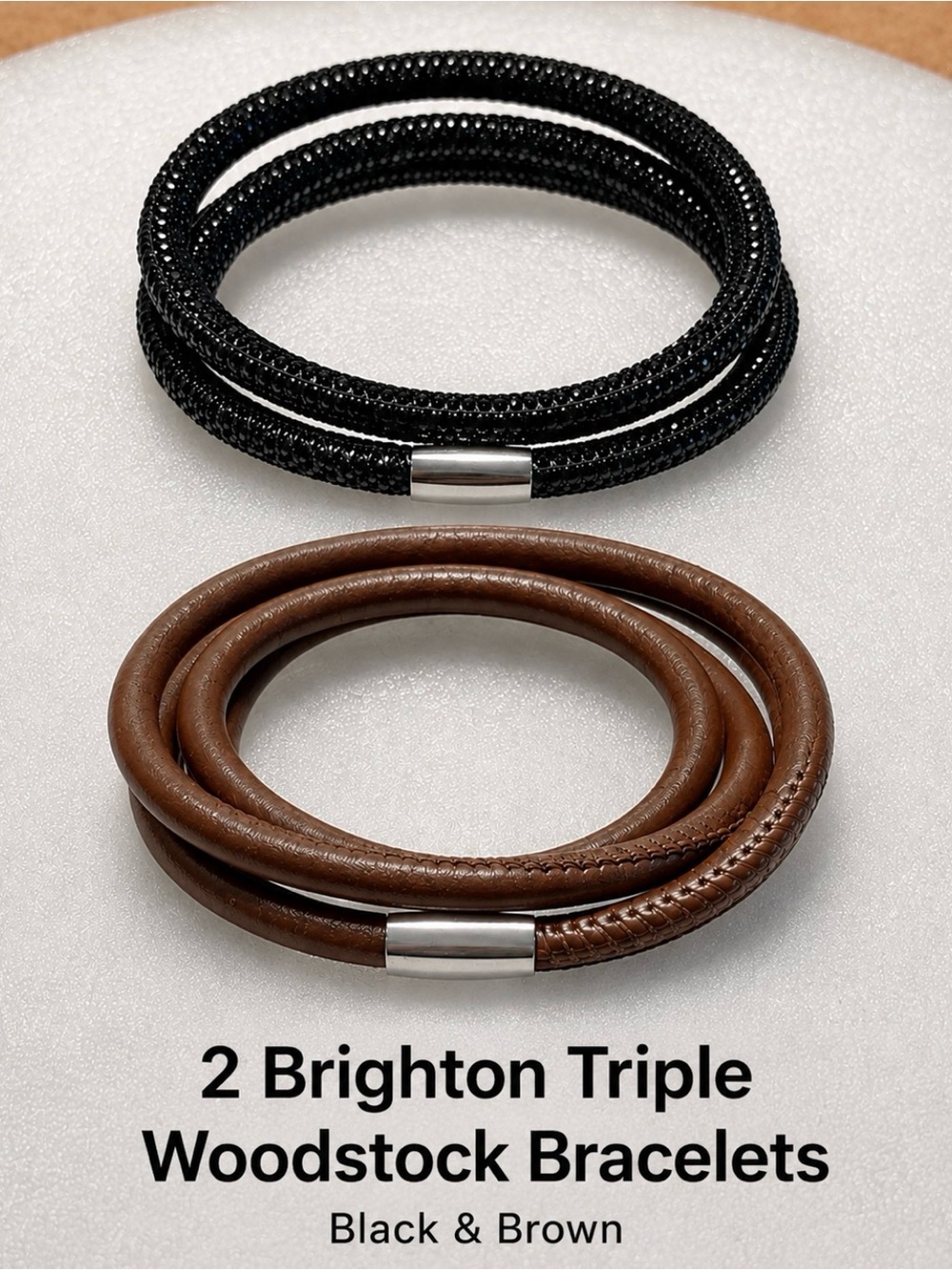 Brighton Black Sparkle & Brown Leather Triple Wrap Bracelets